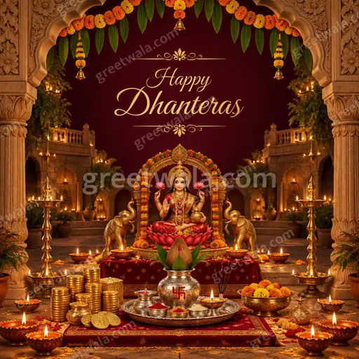 Ornate traditional card glowing with golden diyas, coins and marigolds, radiating festive prosperity with Happy Dhanteras greeting.
