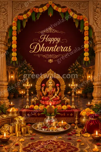 Ornate traditional card displaying Happy Dhanteras with glowing diyas, gold coins and marigolds in warm festive elegance.