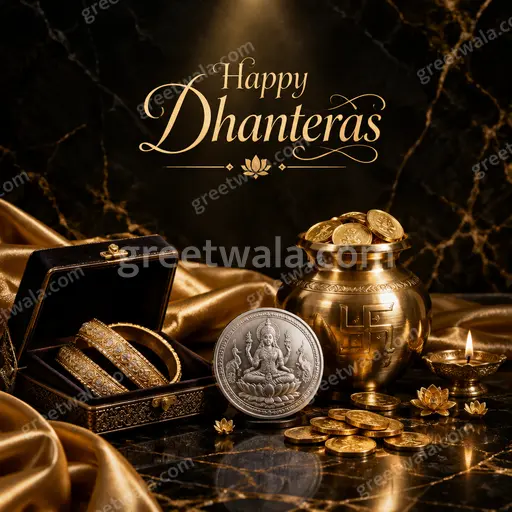 Opulent golden diyas and marigold glow swirling elegantly around Happy Dhanteras text on rich festive background.