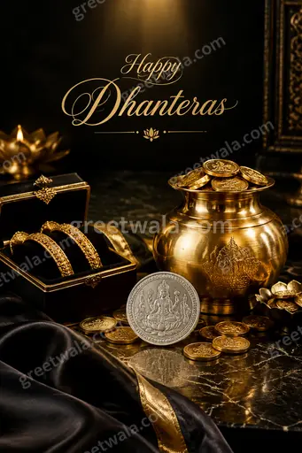 Luxurious Happy Dhanteras card with glowing diyas, gold coins and maroon silk, radiating prosperity and timeless elegance.
