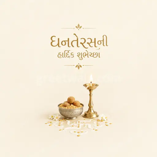 Elegant minimal Dhanteras card featuring 'ધનતેરસની હાર્દિક શુભેચ્છા' with glowing diyas and soft golden festive elegance.