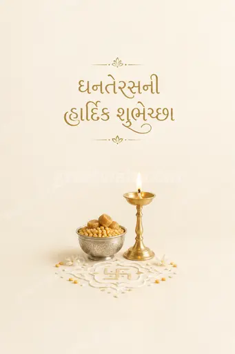 Elegant minimal gold-accented Dhanteras card displaying 'ધનતેરસની હાર્દિક શુભેચ્છા' with diyas, coins, evoking prosperity and serene festivity.