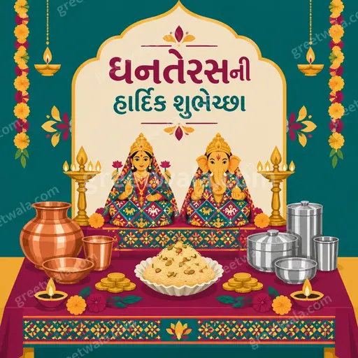 Modern flat vector Dhanteras card displaying "ધનતેરસની હાર્દિક શુભેચ્છા" with glowing diyas, coins and warm prosperous glow.