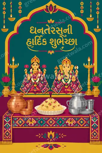 Modern flat vector Dhanteras card featuring Gujarati festive greeting, golden diyas, coins and marigolds radiating prosperity and joy.