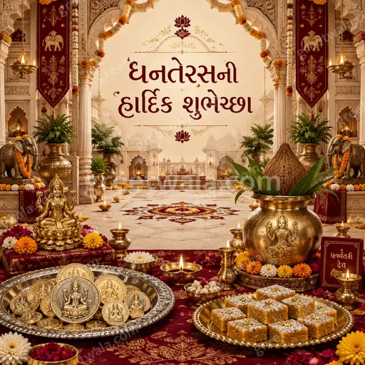 Ornate traditional Gujarati Dhanteras greeting glowing with golden diyas, coins, marigolds and warm prosperous festive radiance.