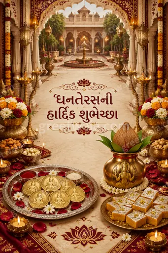 Ornate traditional Dhanteras card displaying ધનતેરસની હાર્દિક શુભેચ્છા with glowing diyas and golden festive elegance.