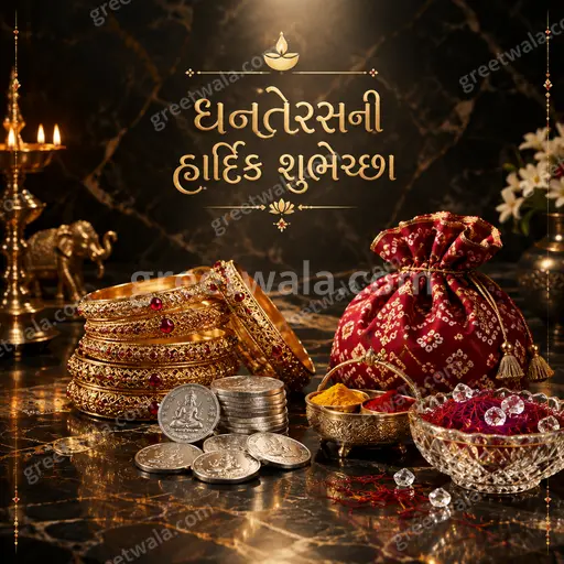 Premium festive card glowing with golden diyas, coins and maroon silk backdrop conveying warm Gujarati Dhanteras blessings.
