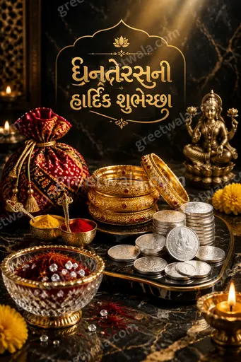 Premium golden Dhanteras card displaying Gujarati wishes amid glowing diyas, coins, and goddess Lakshmi's auspicious prosperous blessings.