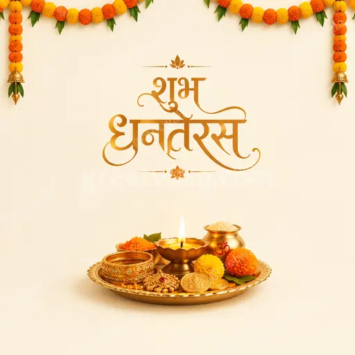Elegant minimal Hindi card displaying 'शुभ धनतेरस' with glowing diyas, gold accents, calm luxurious festive serenity.