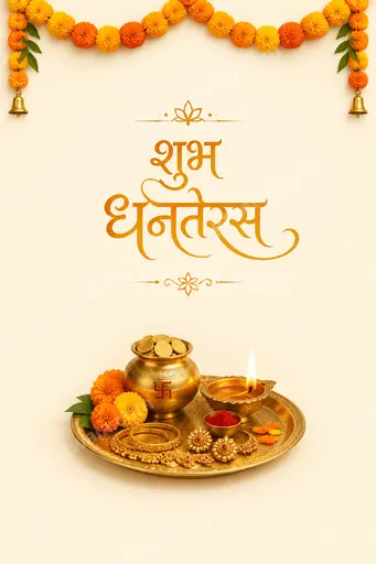 Elegant minimal Dhanteras card displaying शुभ धनतेरस with glowing diyas, gold accents and serene festive warmth.