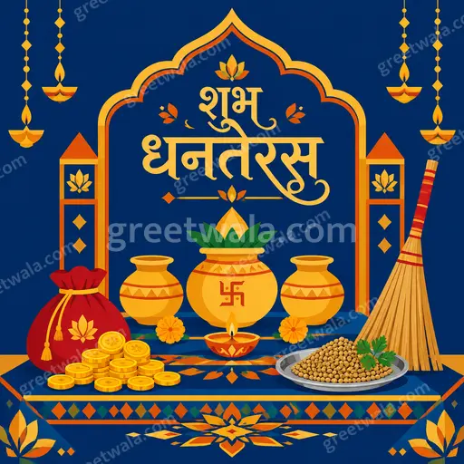 A modern flat vector Dhanteras card glowing with golden diyas, coins and festive elegance wishing शुभ धनतेरस joyfully.