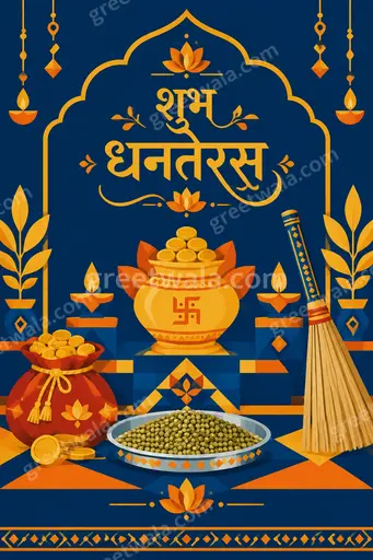 Modern flat vector Hindi card displaying शुभ धनतेरस with glowing diyas, gold coins and marigolds in warm festive prosperity.