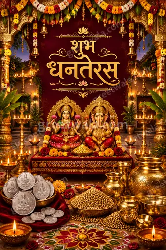 Ornate traditional Dhanteras card glowing with golden diyas, coins, and festive maroon-red elegance wishing शुभ धनतेरस.