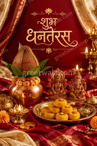 Opulent golden diyas and marigolds glow against deep maroon, radiating festive prosperity around शुभ धनतेरस calligraphy.