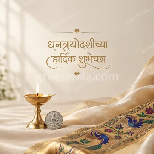 Elegant minimal Dhanteras card with glowing diyas, golden accents, and Marathi greeting on serene dark festive background.