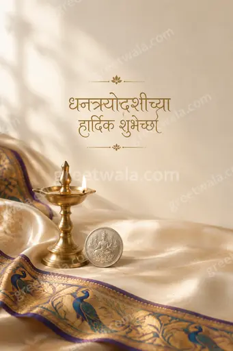 Elegant minimal cream card glowing with golden diyas displaying 'धनत्रयोदशीच्या हार्दिक शुभेच्छा' in graceful festive serenity.