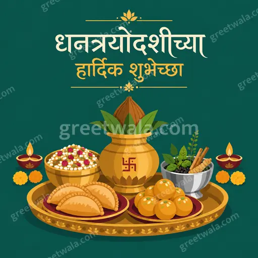 Modern flat vector Dhanteras card with glowing diyas, gold coins and marigolds displaying 'धनत्रयोदशीच्या हार्दिक शुभेच्छा' in festive elegance.