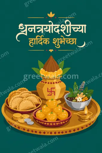 Modern flat vector Dhanteras card featuring Marathi greeting धनत्रयोदशीच्या हार्दिक शुभेच्छा with glowing diyas, gold coins, and festive warmth.
