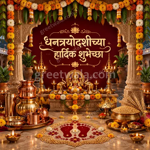 Ornate traditional Dhanteras card glowing with diyas, gold coins and marigolds, conveying धनत्रयोदशीच्या हार्दिक शुभेच्छा in festive elegance.
