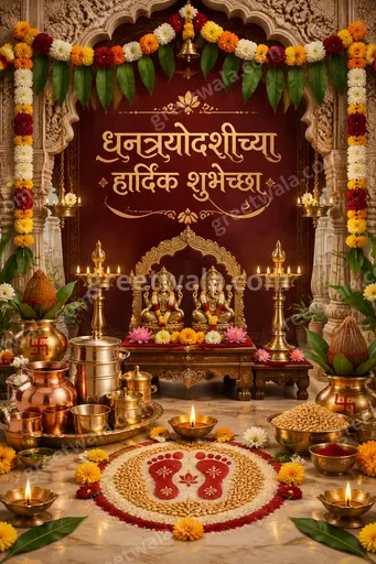 Ornate traditional Dhanteras card displaying 'धनत्रयोदशीच्या हार्दिक शुभेच्छा' with glowing diyas, golden marigolds radiating festive warmth.