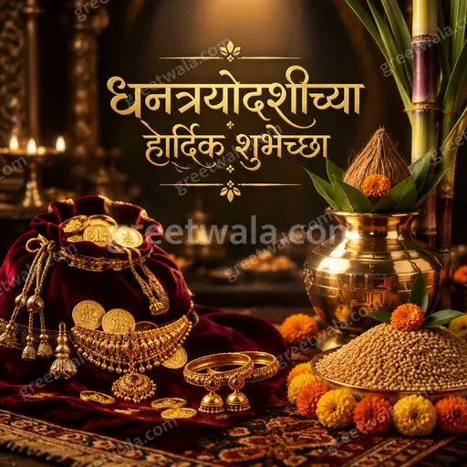 Premium Marathi Dhanteras card featuring 'धनत्रयोदशीच्या हार्दिक शुभेच्छा' with golden diyas, coins, opulent festive glow.