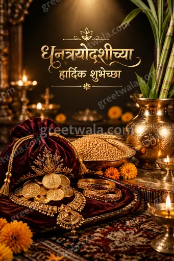 Premium Marathi Dhanteras showcase card displaying 'धनत्रयोदशीच्या हार्दिक शुभेच्छा' amid golden diyas, coins, and radiant festive glow.