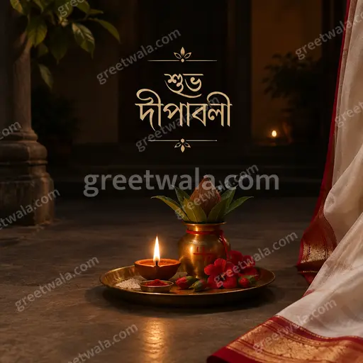 Elegant minimal Diwali card glowing with warm diyas, gold accents, serene festive charm featuring Bengali greeting শুভ দীপাবলি.