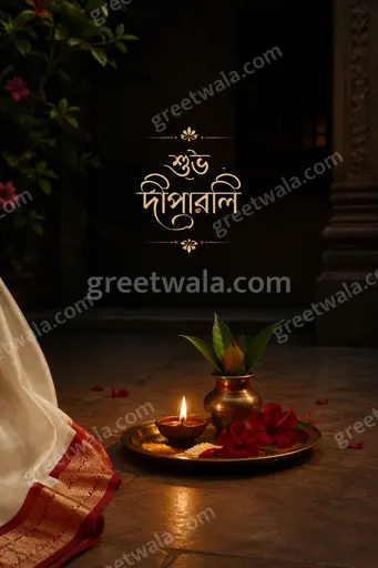 Elegant minimal Diwali card glowing with warm diyas, soft gold accents and serene festive calm featuring শুভ দীপাবলি.