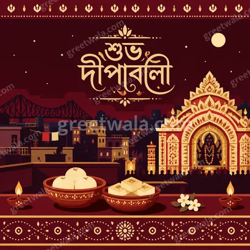 Modern flat vector Diwali card in warm gold and maroon displaying শুভ দীপাবলি with glowing diyas and joyful festive elegance.