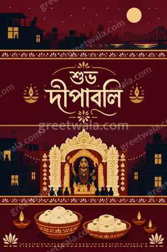 Modern flat vector Diwali card glowing with diyas and marigolds, radiating joyful festive warmth around শুভ দীপাবলি greeting.