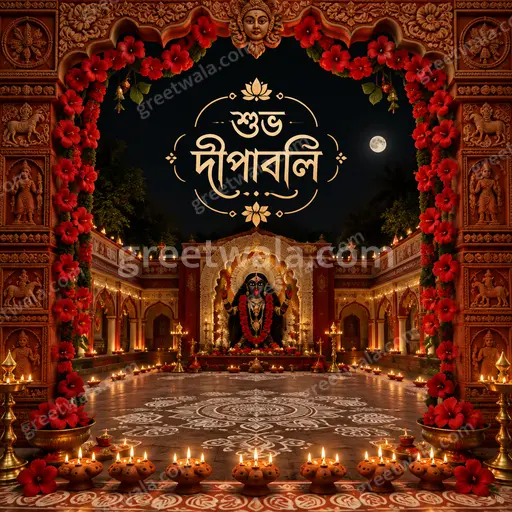 Ornate traditional Diwali card glowing with diyas and gold motifs, radiating warm festive joy with শুভ দীপাবলি greeting.