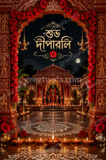 Ornate traditional card featuring শুভ দীপাবলি amid glowing diyas, marigolds and paisley patterns, radiating warm festive joy.