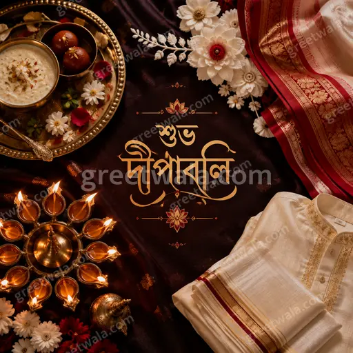 Elegant premium Diwali showcase card glowing with golden diyas, marigolds, and শুভ দীপাবলি in radiant festive splendor.