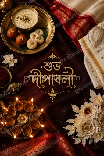 Elegant premium Diwali card glowing with golden diyas, marigolds, and festive lights around Bengali greeting শুভ দীপাবলি.