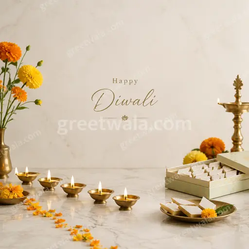 Elegant minimal card displaying Happy Diwali with glowing diyas in warm gold radiating calm festive joy.