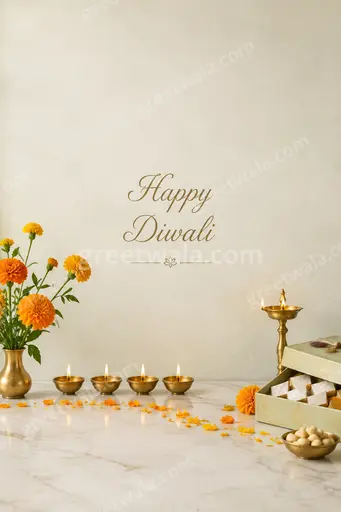 Elegant minimal Diwali card glowing with golden diyas and soft light, wishing Happy Diwali in serene festive warmth.