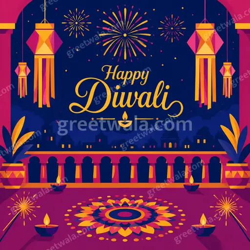 Modern flat vector Diwali card with glowing diyas, festive lights, and Happy Diwali text in warm joyful elegant style.