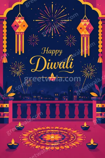 Modern flat vector card glowing with warm diyas and festive patterns, radiating joyful Happy Diwali wishes.