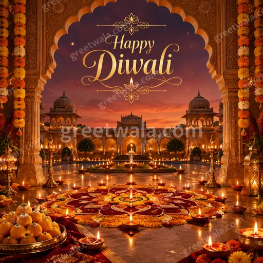 Ornate traditional Diwali card glowing with golden diyas, intricate patterns, and warm festive elegance wishing Happy Diwali.