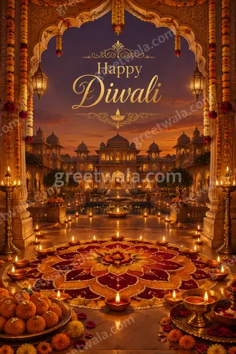 Ornate traditional Diwali card glowing with golden diyas, intricate patterns, and festive Happy Diwali greeting in elegant English lettering.