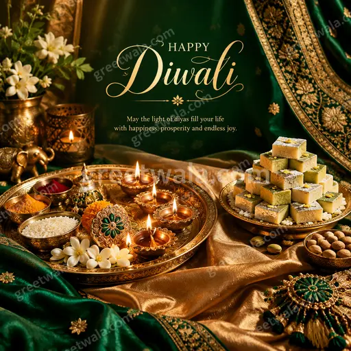 Premium Diwali card glowing with golden diyas, festive lights, and elegant Happy Diwali lettering in luxurious warm tones.