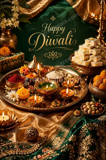 Luxurious golden diyas and marigolds frame elegant Happy Diwali lettering on deep midnight blue silk background.