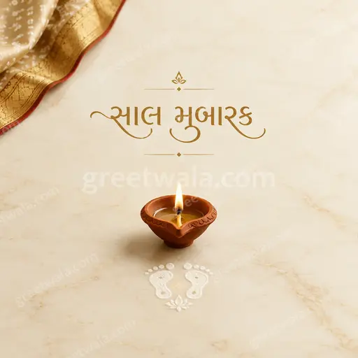 Elegant minimal Diwali card glowing with golden diyas and graceful Gujarati greeting “સાલ મુબારક” in serene style.