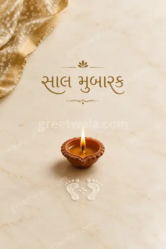 Elegant minimal Diwali card with soft golden diyas and warm glow, featuring Sal Mubarak in refined Gujarati typography.