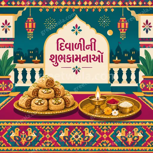 Modern flat vector Diwali card glowing with diyas and rangoli, radiating joyful festive warmth around દિવાળીની શુભકામનાઓ.
