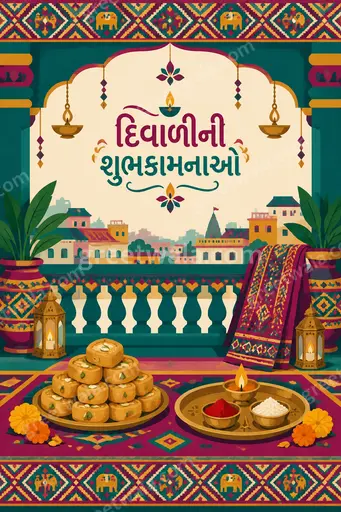 Modern flat vector Diwali card featuring Gujarati દિવાળીની શુભકામનાઓ with glowing diyas, radiating joyful elegant festive warmth.