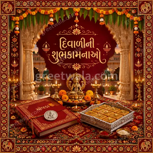 Ornate traditional Diwali card glowing with diyas, marigolds and gold patterns, warmly conveying દિવાળીની શુભકામનાઓ blessings.
