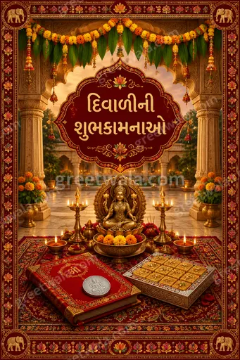 Ornate traditional Diwali card glowing with diyas, gold paisley, and festive maroon, displaying 'દિવાળીની શુભકામનાઓ' warmly.