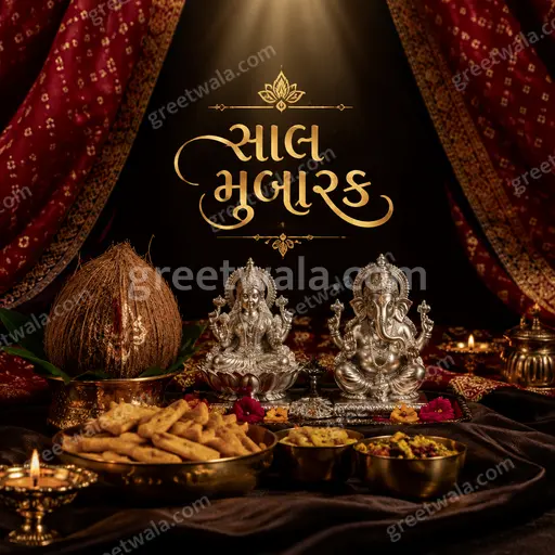 Premium showcase card with glowing diyas, golden maroon elegance, radiating festive warmth for Gujarati Sal Mubarak greetings.