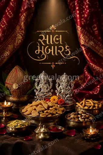 Premium Diwali showcase card displaying 'સાલ મુબારક' amid glowing diyas, gold flourishes, radiating joyful prosperity and timeless elegance.